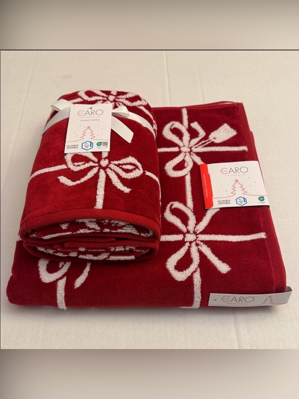 3pc CARO HOME Reversible Christmas Bows Bath Towel Set - 100% Cotton - Red/White
